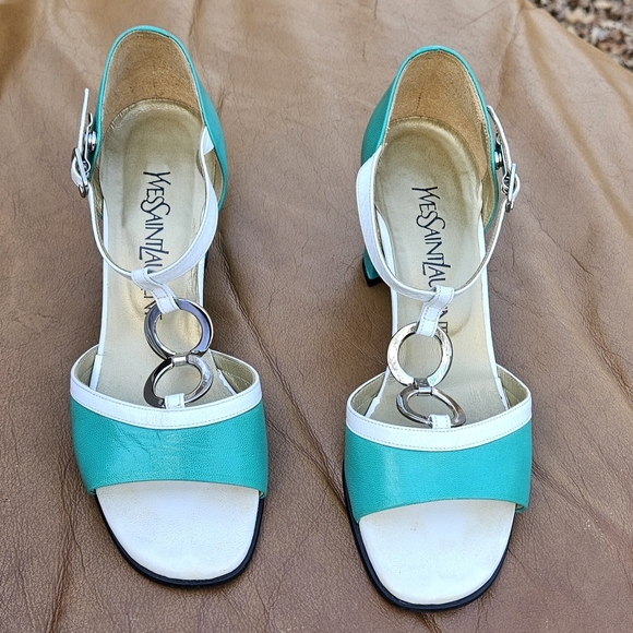 Women's Yves Saint Laurent Turquoise White Leather Sandals Heels Sz 5.5 US - Picture 6 of 14